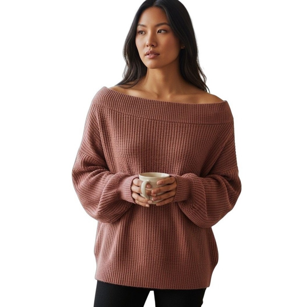 EXPRESS‎ Dusty Rose Off The Shoulder Ribbed Knit Balloon Sleeve Sweater Top
